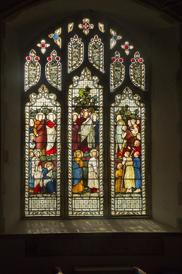 Stained glass window church of Saint John, Saxmundham, Suffolk, England, UK, Sermon on the Mount, Harry Ellis Wooldridge for Powell and Sons, 1875