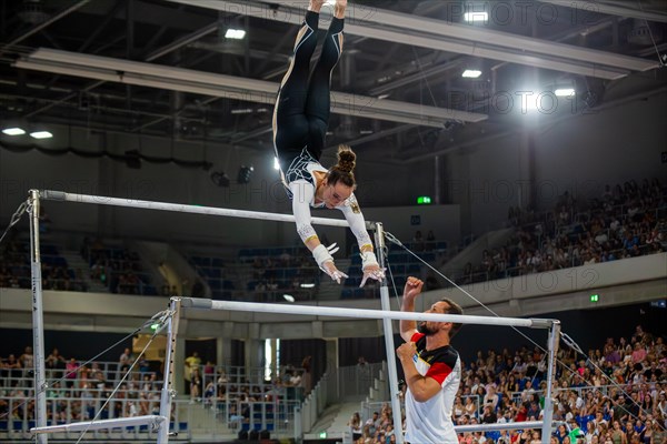 Heidelberg, 9 September 2023: Women's apparatus gymnastics national competition in the SNP Dome in Heidelberg. Pauline shepherd-Betz performs on the uneven bars