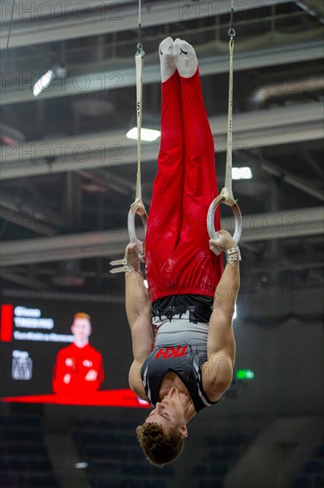 Heidelberg, 9 September 2023: Men's World Championship qualification in conjunction with a national competition against Israel. Glenn Trebing during his routine on the rings
