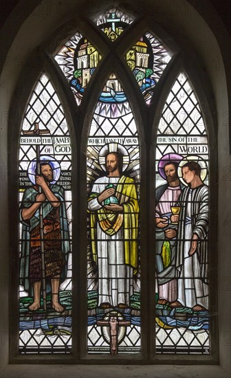 Church of John the Baptist, Barnby, Suffolk, England, UK stained glass window by Margaret Edith Aldrich Rope 1963 Jesus Christ, John the Baptist, Saint Peter, Saint John