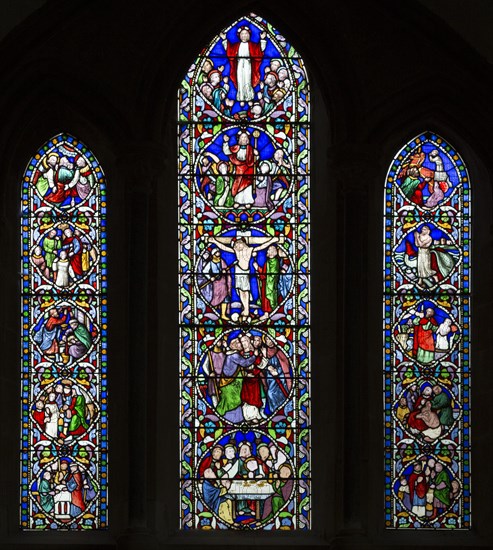 Stained glass window principal events of the life of Jesus Christ by William Wailes dated 1860, Bishops Cannings church, Wiltshire, England, UK