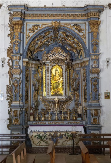 Ornately decorated statue Blessed Virgin Mary and baby Jesus church of Igreja de Santiago, Tavira, Algarve, Portugal, Southern Europe, Europe