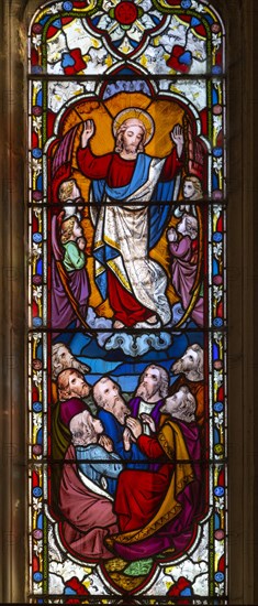 Stained glass window Ascension, circa 1870 by Ward and Hughes, church of Saint Andrew, Bramfield, Suffolk, England, UK