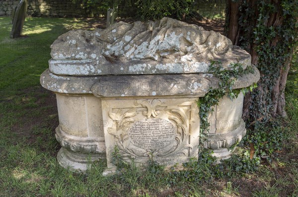 Grave of Thomas Sloper d 1703 and wife Joane d 1676 in churchyard, Hartpury, Gloucestershire, England, UK