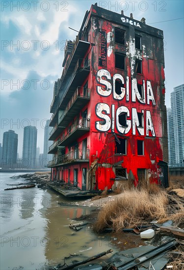 Symbolic image for the collapse of Rene Benko's SIGNA Group, a red tower block with the company logo stands completely destroyed on a dirty plot of land, AI generated, insolvency, mismanagement, corruption