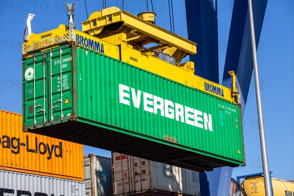 An Evergreen Line container is loaded in the port of Mannheim, Germany. Supply bottlenecks and a sharp rise in container prices are currently affecting global trade