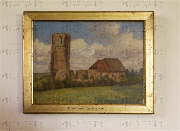 Village parish church Aldringham, Suffolk, England, UK old painting of ruined church in 1842