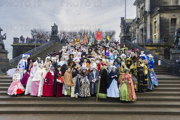 LUST & PASSION & JOY OF LIFE, for the joy of the masquerade, the Elbvenezian Carnival took place in Dresden on the weekend in front of Rose Monday. The highlight was the joint stroll through the historic centre with masks in robes in the style of the Elbe Venetian Carnival from the Neumarkt through the Altmarktgalerie, the Schlossstrasse, through the Stallhof, along the Fuerstenzug, onto the Bruehlsche Terrasse and into the Bruehlsche Garten, Dresden, Saxony, Germany, Europe