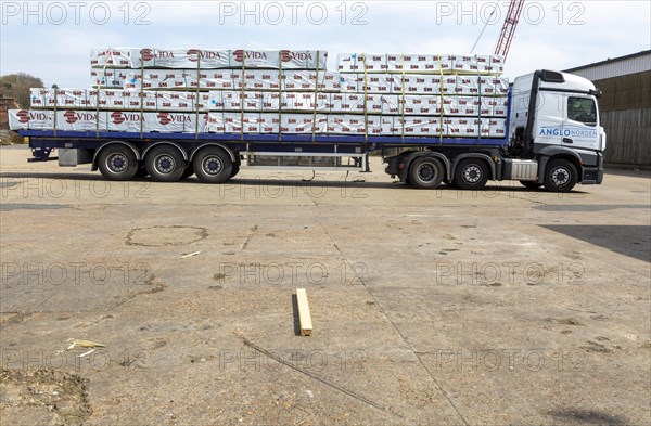 Anglo-Norden timber merchants lorry HGV and warehouse, Wet Dock, Ipswich, Suffolk, England, UK