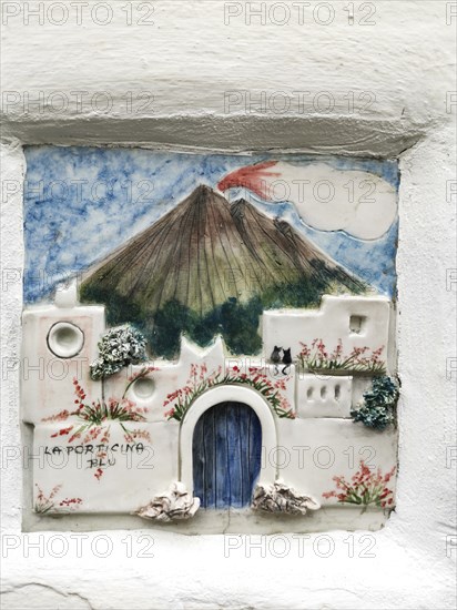 Stromboli volcano as motif on house sign, Stromboli Island, Lipari Islands, Italy, Europe