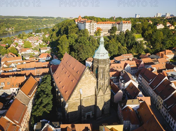 Pirna on the Elbe. General view of the old town centre with St. Mary's Cathedral and Sonnenstein Fortress, Pirna, Saxony, Germany, Europe