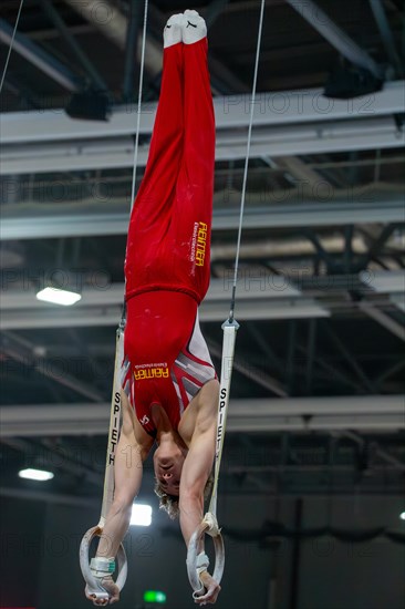 Heidelberg, 9 September 2023: Men's World Championship qualification in conjunction with a national competition against Israel. Alexander Kunz during his routine on the rings