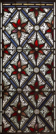 Mary Anne Garrett Memorial ornamental decorative stained glass floral pattern design 1897, Church of Saint Margaret, Leiston, Suffolk, England, UK by C.E. Kempe (1837-1907)
