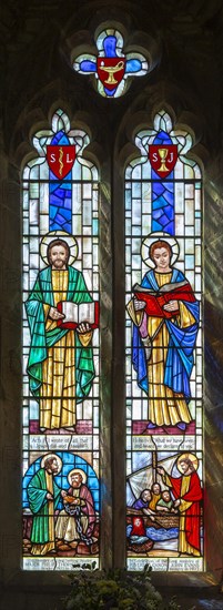 Stained glass window by Roy W Coomber, 2002, Saints Luke and John, Hartpury church, Gloucestershire, England, UK