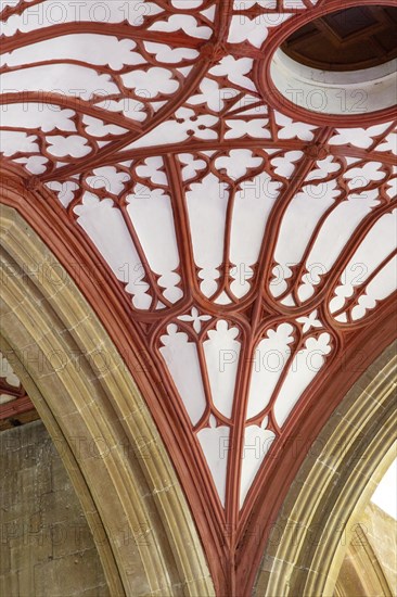 Interior of the priory church at Edington, Wiltshire, England, UK, 17th century plaster ceiling