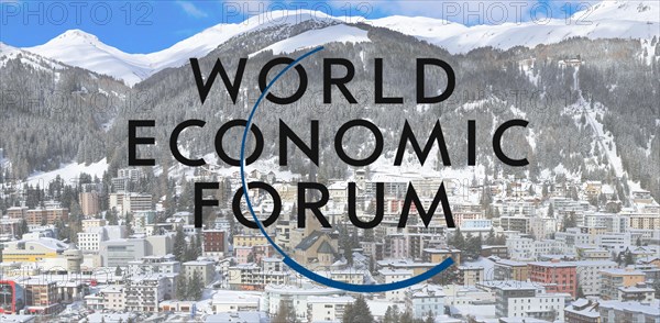 Logo of the WEF (World Economic Forum), in the background Davos (Composing)