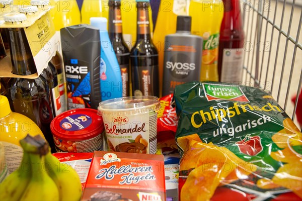 Shopping trolley with food in a supermarket in Germany