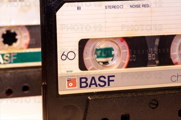 Close-up of two BASF audio cassettes from the 1980s