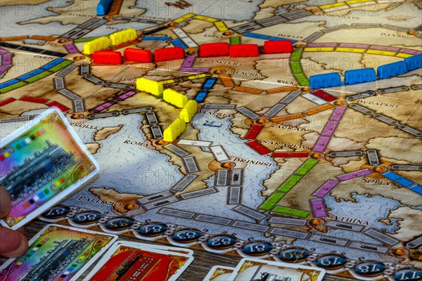 Close-up of the popular strategy game Ticket to Ride, board game of the year 2004