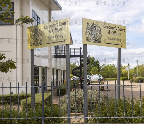 Signs for Coroner's Court and offices, Whitehouse industrial estate, Ipswich, England, United Kingdom, Europe
