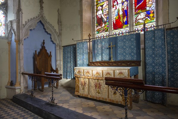 Historic interior of Washbrook church, Suffolk, England, UK altar and Easter Sepulchre