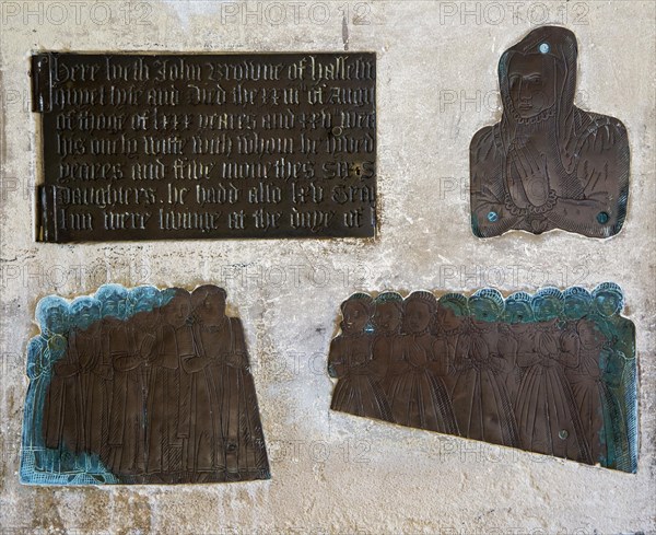 John Browne family brass memorial dated 1581 in the church at Halesworth, Suffolk, England, UK