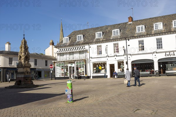 Historic buildings in the town Market Square, Saffron Walden, Essex, England, UK