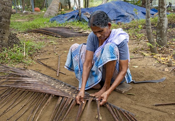 A village woman demonstrates the traditional craft of making mats from coconut leaves using her toes, Kerala Backwaters, Kerala, India, Asia