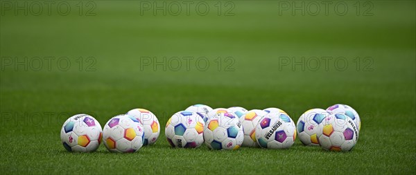 Adidas Derbystar match balls on the pitch, WWK Arena, Augsburg, Bavaria, Germany, Europe