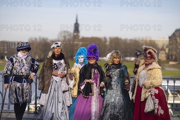 LUST & PASSION & JOY OF LIFE, for the joy of the masquerade, the Elbvenezian Carnival took place in Dresden on the weekend in front of Rose Monday. The highlight was the joint stroll through the historic centre with masks in robes in the style of the Elbe Venetian Carnival from the Neumarkt through the Altmarktgalerie, the Schlossstrasse, through the Stallhof, along the Fuerstenzug, onto the Bruehlsche Terrasse and into the Bruehlsche Garten, Dresden, Saxony, Germany, Europe