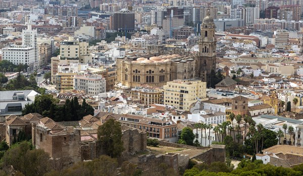 Cityscape view go high density buildings in city centre of Malaga, Spain including the cathedral church