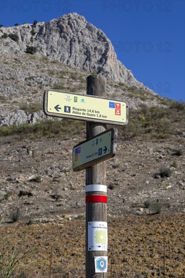 Signpost waymark for long distance footpath GR-249, Gran Senda de Malaga, Periana, Axarquia, Andalusia, Spain, Europe