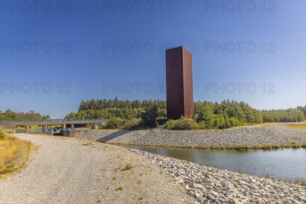 The 30 metre high landmark of the Lusatian Lakeland, the so-called Rusty Nail, was built at the mouth of Lake Sedlitz. It is a lookout tower made of 111 tonnes of Corten steel, with the base of a right-angled triangle with cathetus lengths of approximately twelve and eight metres. 162 steps lead to the viewing platform on the tower, Senftenberg, Brandenburg, Germany, Europe