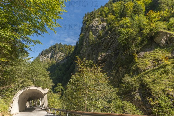 Mountain village Ebnit, municipality Dornbirn, tunnel, valley Ebniter Arche, Bregenzerwald, Voralberg, Austria, Europe