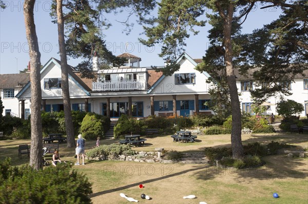 Buildings and garden of Knoll House Hotel, Studland, Swanage, Dorset, England, UK 1930s architecture