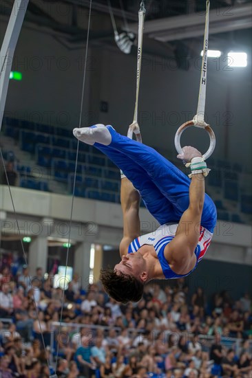 Heidelberg, 9 September 2023: Men's World Championship qualification in conjunction with a national competition against Israel. Daniel Woerz during his routine on the rings