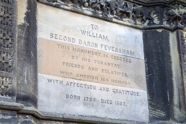 Monument plaque Statue monument of William Duncombe second baron Feversham 1798- 1867, Helmsley, North Yorkshire, England, UK