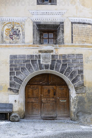 House entrance door, window, historic house, sgraffito, facade decorations, Ardez, Engadin, Grisons, Switzerland, Europe