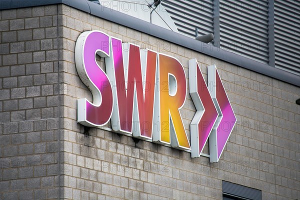 Close-up of the SWR logo on the Funkthaus at Fort Gonsenheim in Mainz