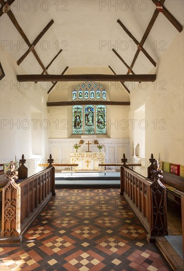 Village parish church Hacheston, Suffolk, England, UK altar and east window