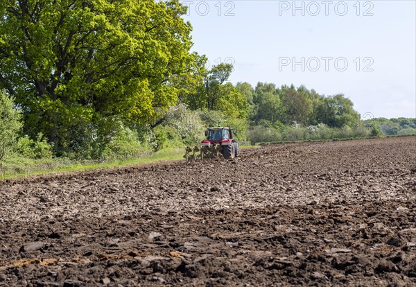 Red Massey Ferguson tractor S7718 ploughing field, Sutton, Suffolk, England, UK