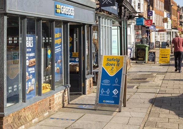 Greggs sign for Covid secure safety rules outside shop, Marlborough, Wiltshire, England, UK