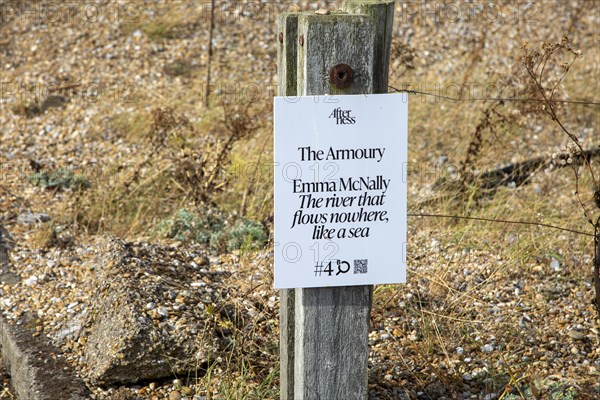 Artangel art project event AfterNess on Orford Ness, Suffolk, England, UK sign about artwork by Emma McNally, September 2021