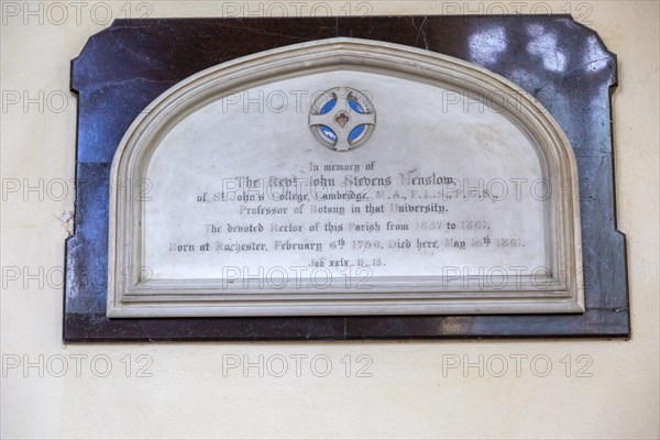 Memorial to Reverend Professor John Stevens Henslow (1796-1861), Hitcham church, Suffolk, England, UK tutor to Charles Darwin