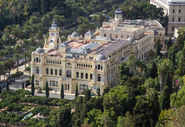 View over city hall Ayuntamiento building in city centre, Malaga, Andalusia, Spain built 1919 architect F. Guerrero Stracham