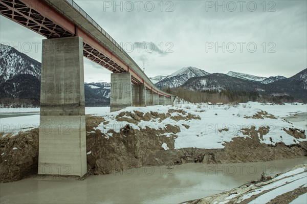 Low water level at the Sylvenstein reservoir in 2015, Fall, Upper Bavaria, Bavaria, Germany, Europe