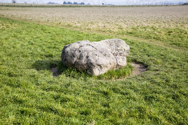 Prehistoric former standing sarsen stone, the Cuckoo Stone, Durrington, Wiltshire, England, UK