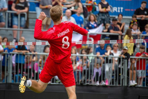 Fistball World Championship from 22.07. to 29.07.2023 in Mannheim: At the end of the preliminary round, co-favourite Austria won 3:0 sets against Chile. Here in the picture: Martin Puehringer