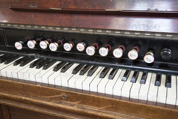 Close up of keyboard of church organ