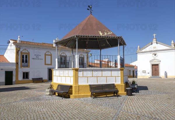 Bandstand and local government office in village square of Pavia, Alentejo, Portugal, Southern Europe, Europe